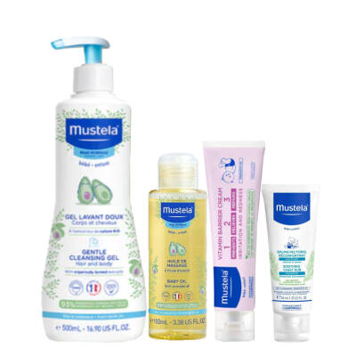 Günlük 4'lü Bakım Seti - Yenidoğan 500 ml + Masaj Yağı 500 ml + Göğüs Balsamı 40 ml + Pişik Kremi 50 ml - Mustela